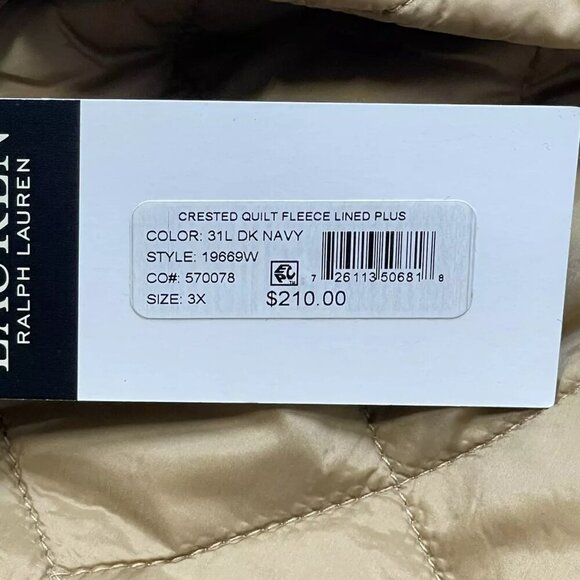 NEW LAUREN RALPH LAUREN Women's Jacket Quilted Fleece Lined Size 3X Beige - Picture 7 of 8